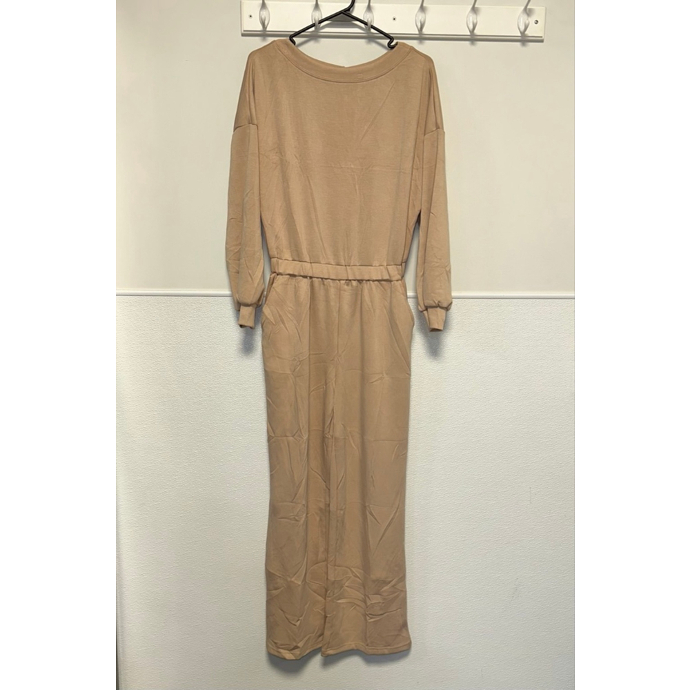 Women's PrettyGarden Jumpsuit Tan Size S NEW NWT long sleeve Pants Pockets cozy
